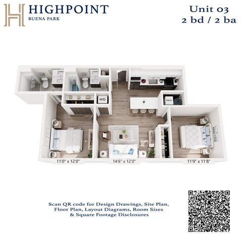A floor plan for a 2 bedroom, 2 bathroom apartment at Highpoint Buena Park.